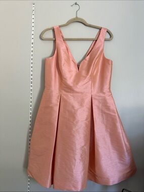 Donna Morgan Coral Pink Satin V-Neck Pleated Party Dress